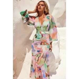 Sage + Paige Fine Sweet Maxi Dress Size S  V Neck Ruffle Party Sheer Resortwear